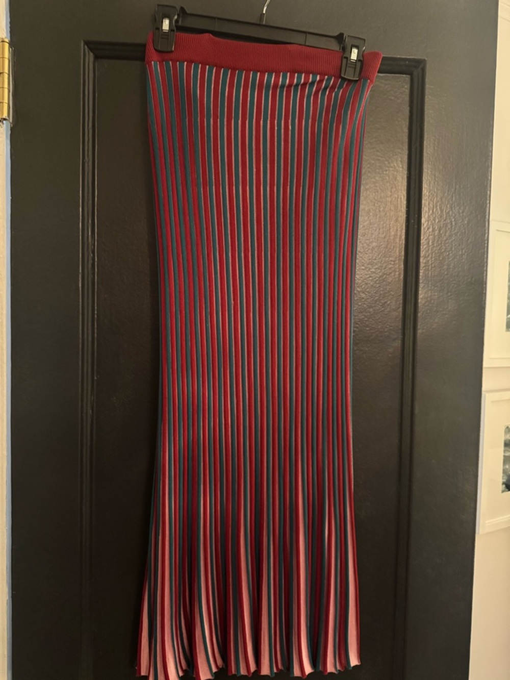 Ribbed Pleated Stripe Midi Skirt in Red and Blue comfortable and stretchy